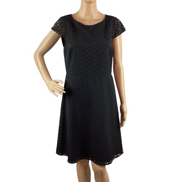 J.Crew Factory Black Laser-Cut Eyelet Cap-Sleeve Fit & Flare Dress Size 10 - Picture 1 of 7